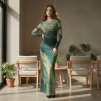 Woman in a green dress standing in a modern room with chairs and plants.