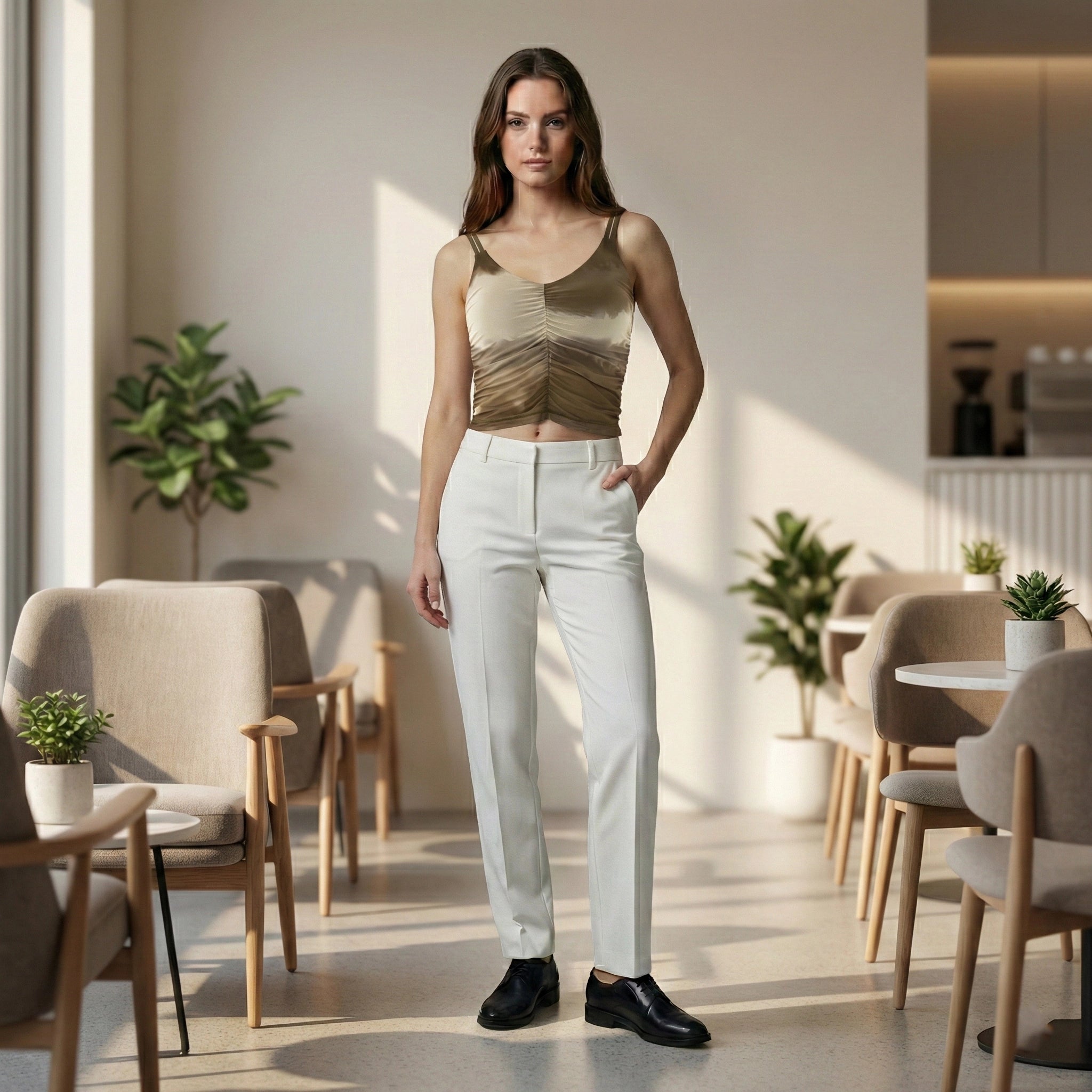 Woman standing in a modern cafe with plants and tables.