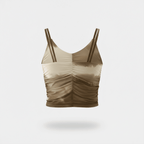 Beige and brown ruched crop top on a light gray background