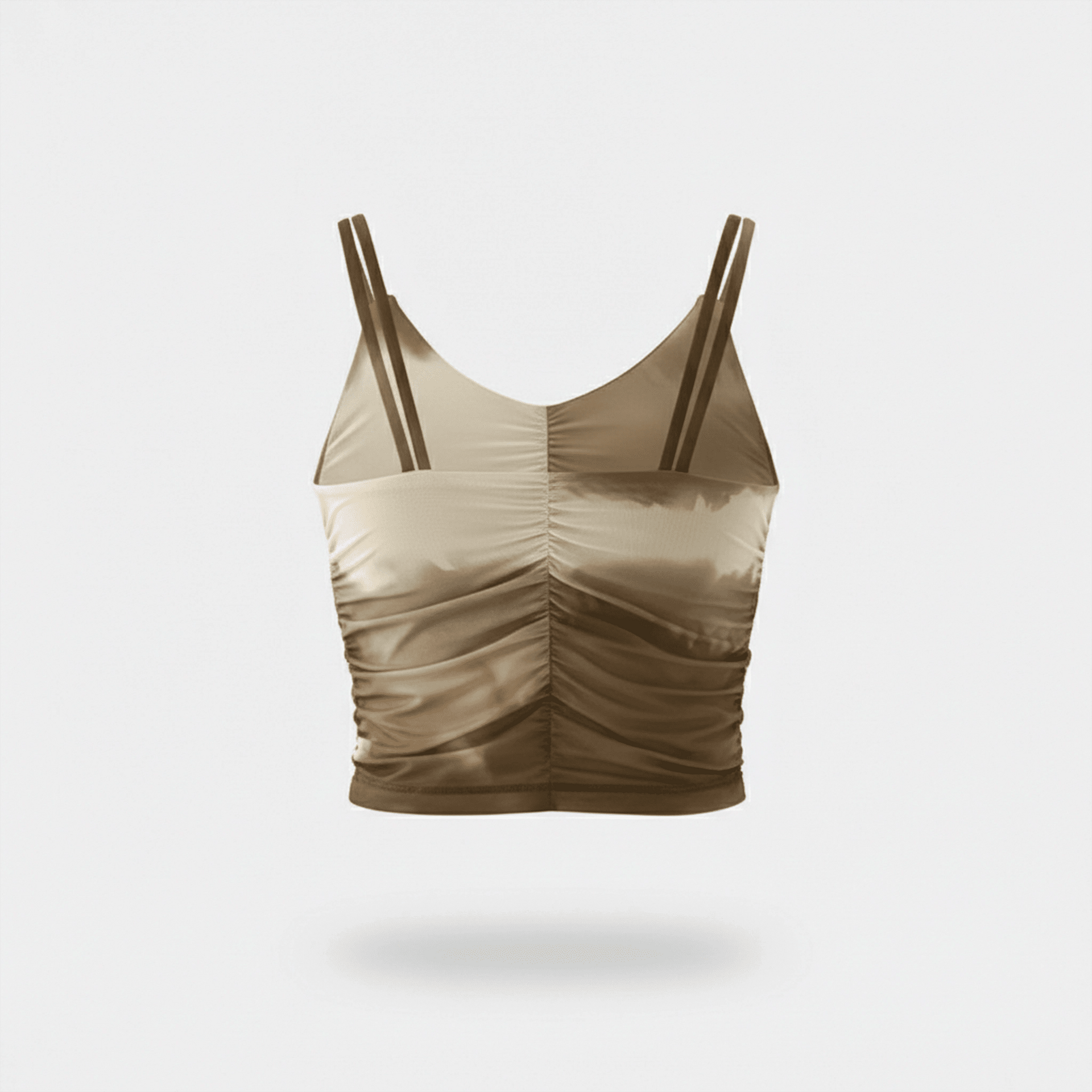 Beige and brown ruched crop top on a light gray background