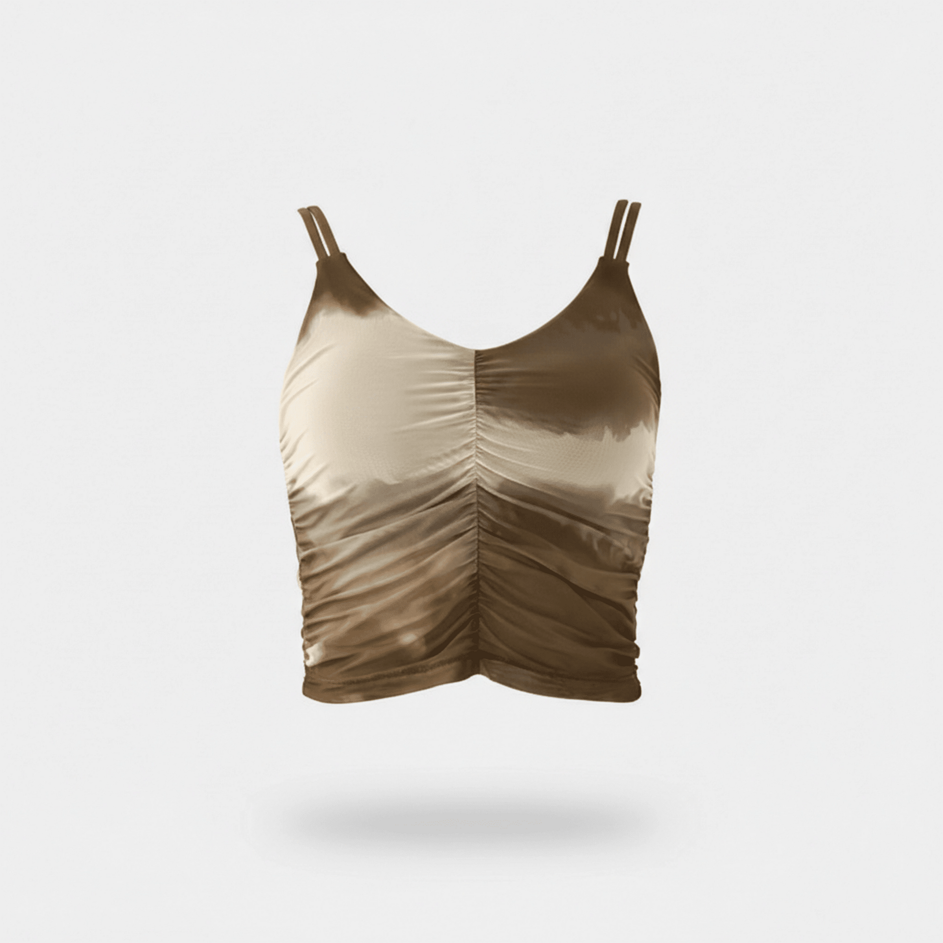Gold tank top with ruched design on a light gray background