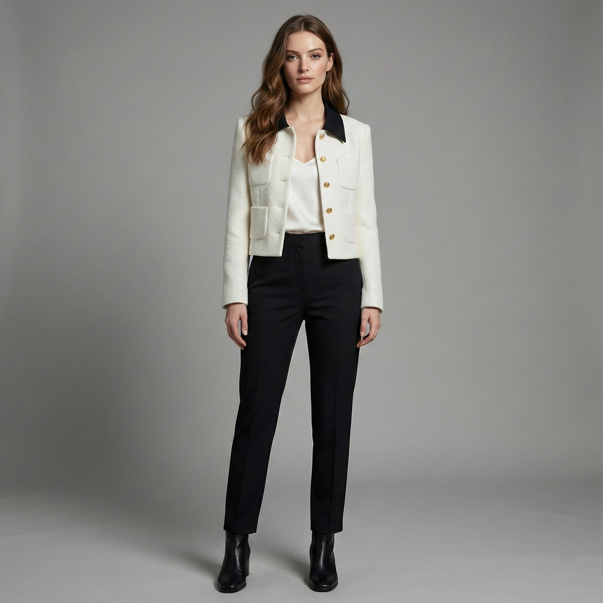 Woman wearing a white blazer and black pants against a gray background