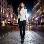Woman walking on a city street at night with illuminated buildings and traffic lights.