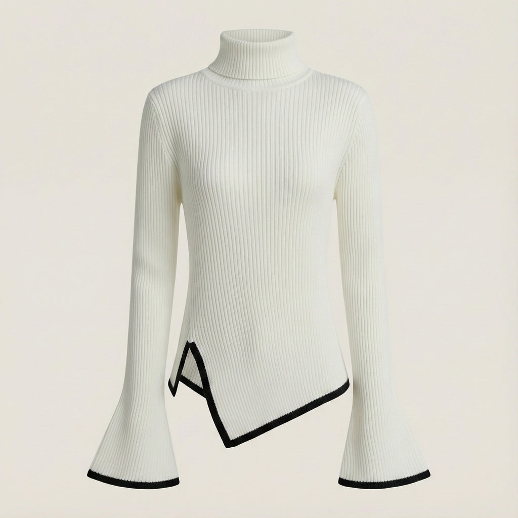 White ribbed sweater with black trim on a light beige background