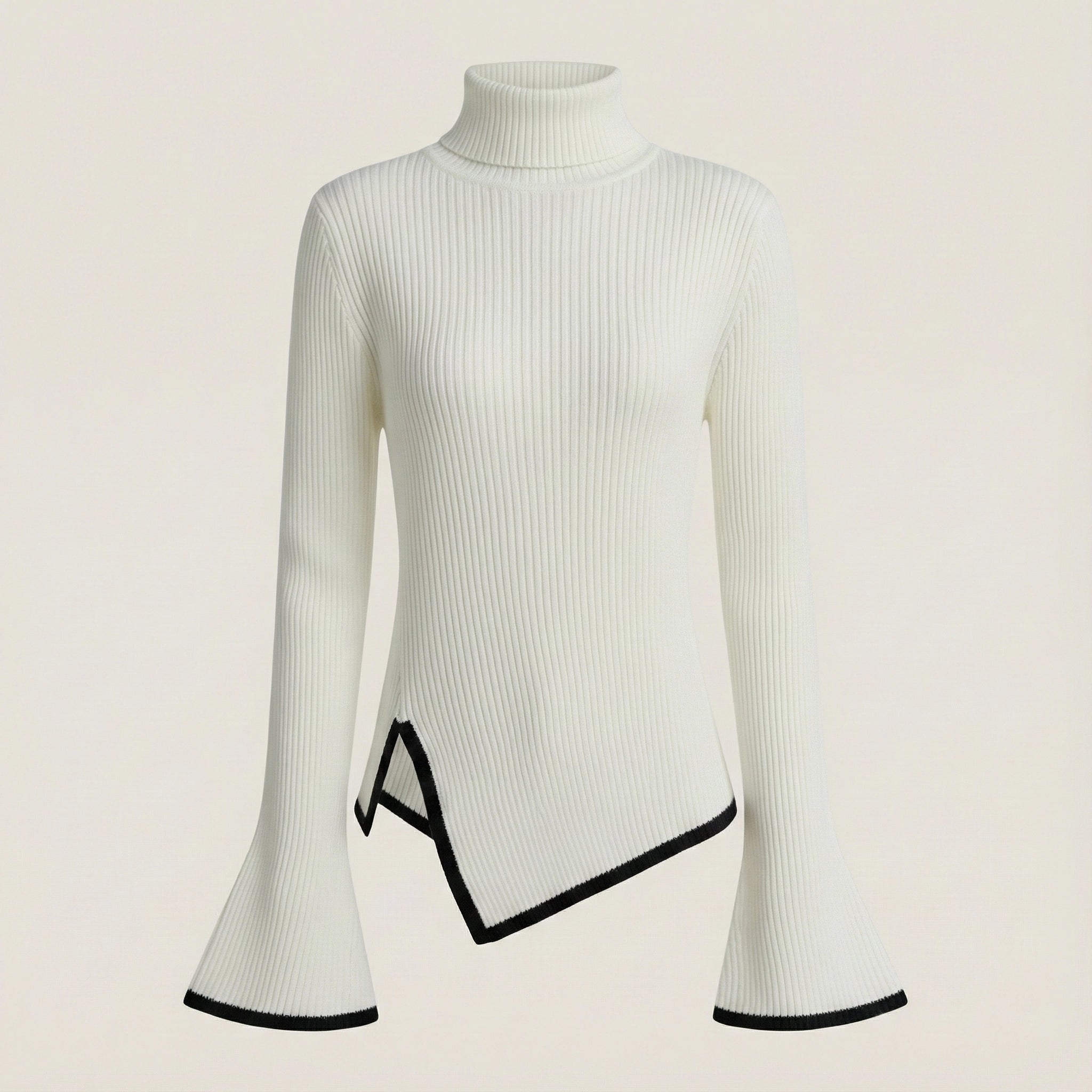 White ribbed sweater with black trim on a light beige background