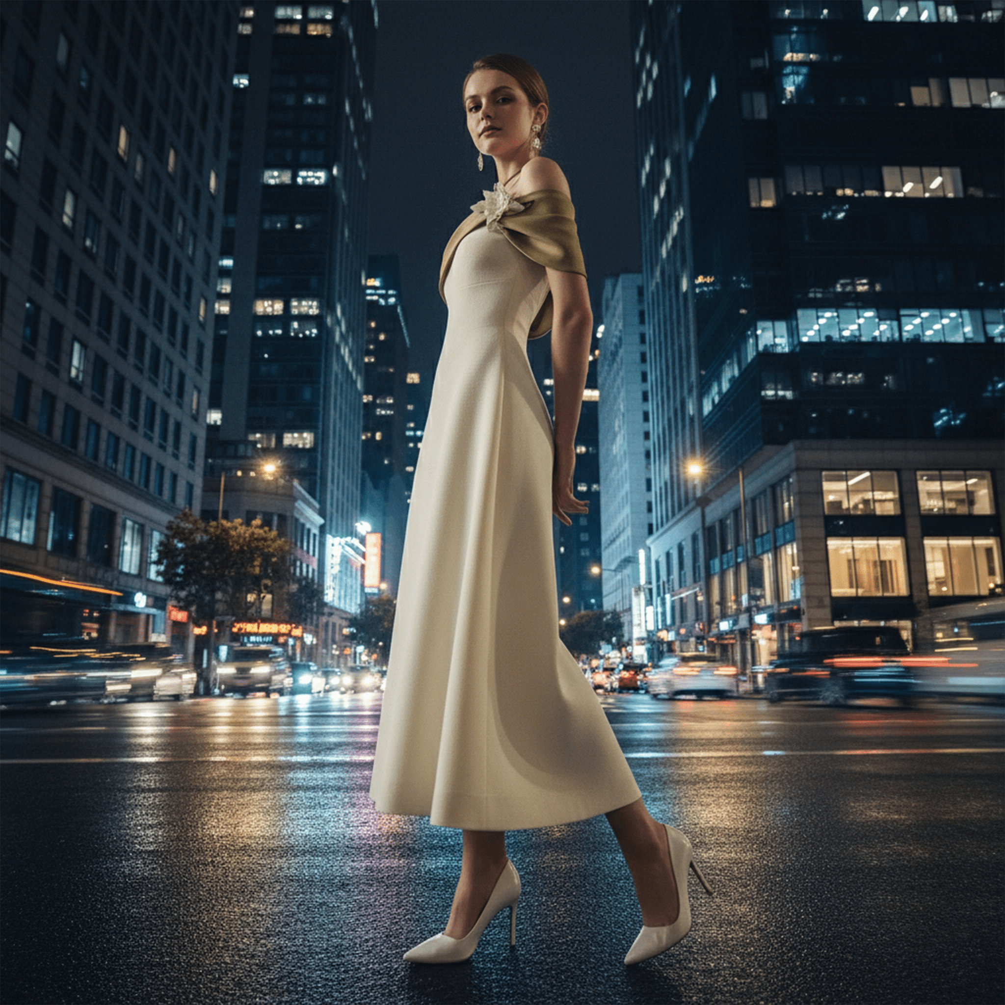 Woman in a white dress standing on a city street at night.