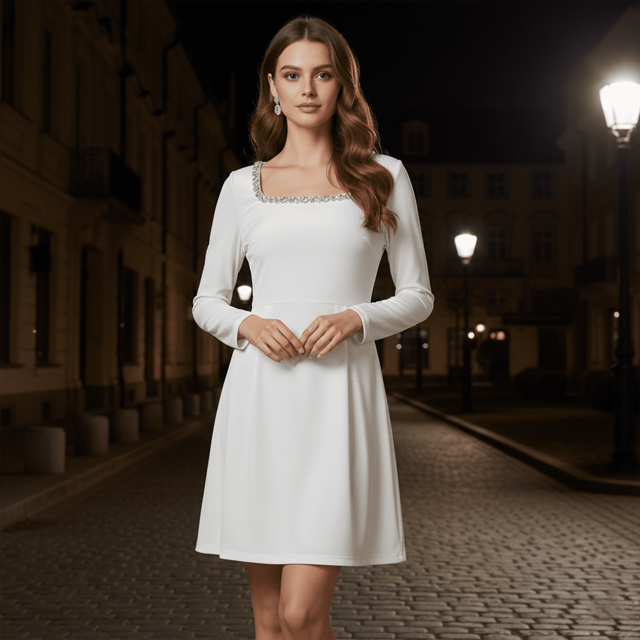 Woman in a white dress standing on a street at night