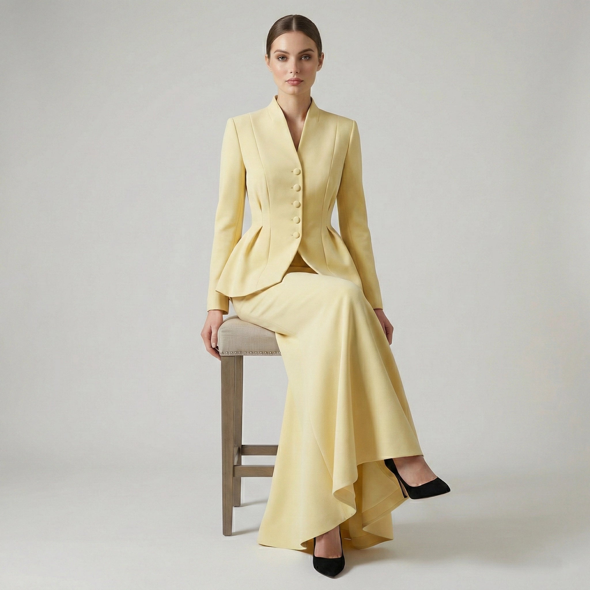 Woman wearing a yellow suit sitting on a chair against a plain background