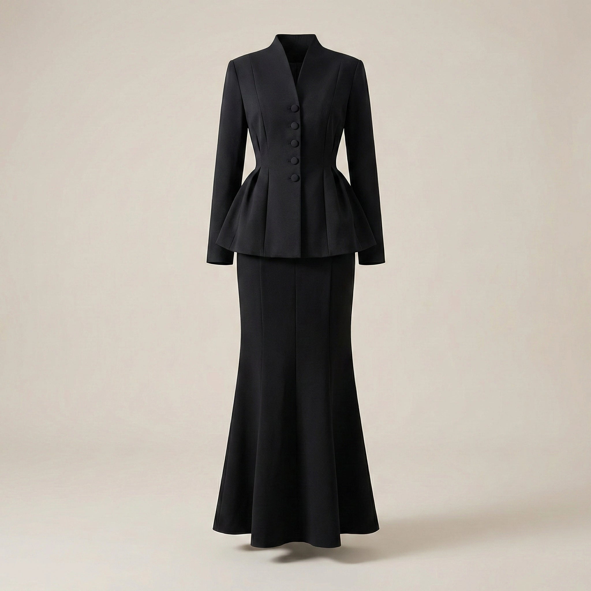 Black suit with peplum top on a beige background