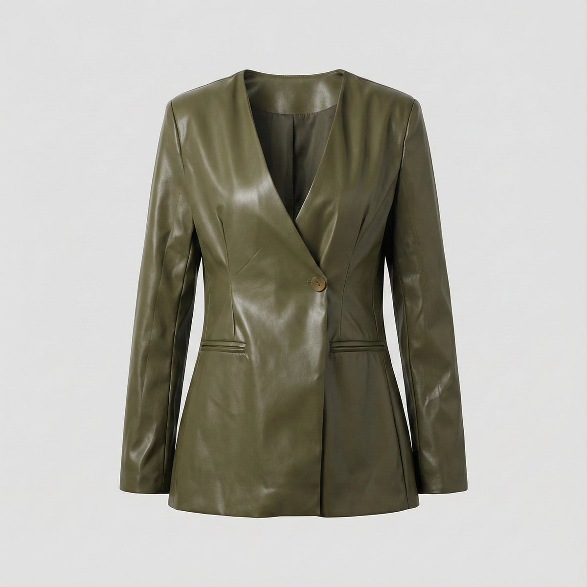 Green leather blazer on a light gray background