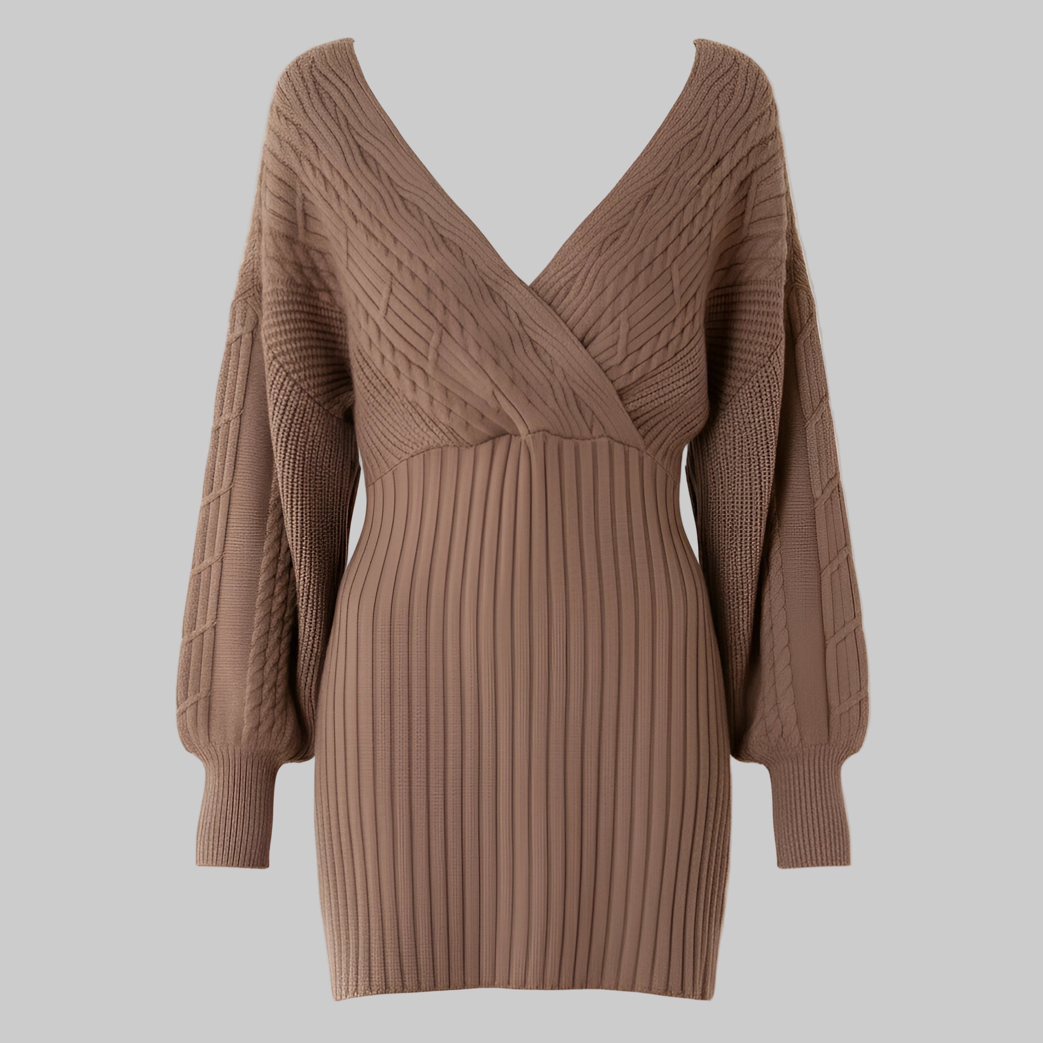 Brown ribbed sweater dress on a white background