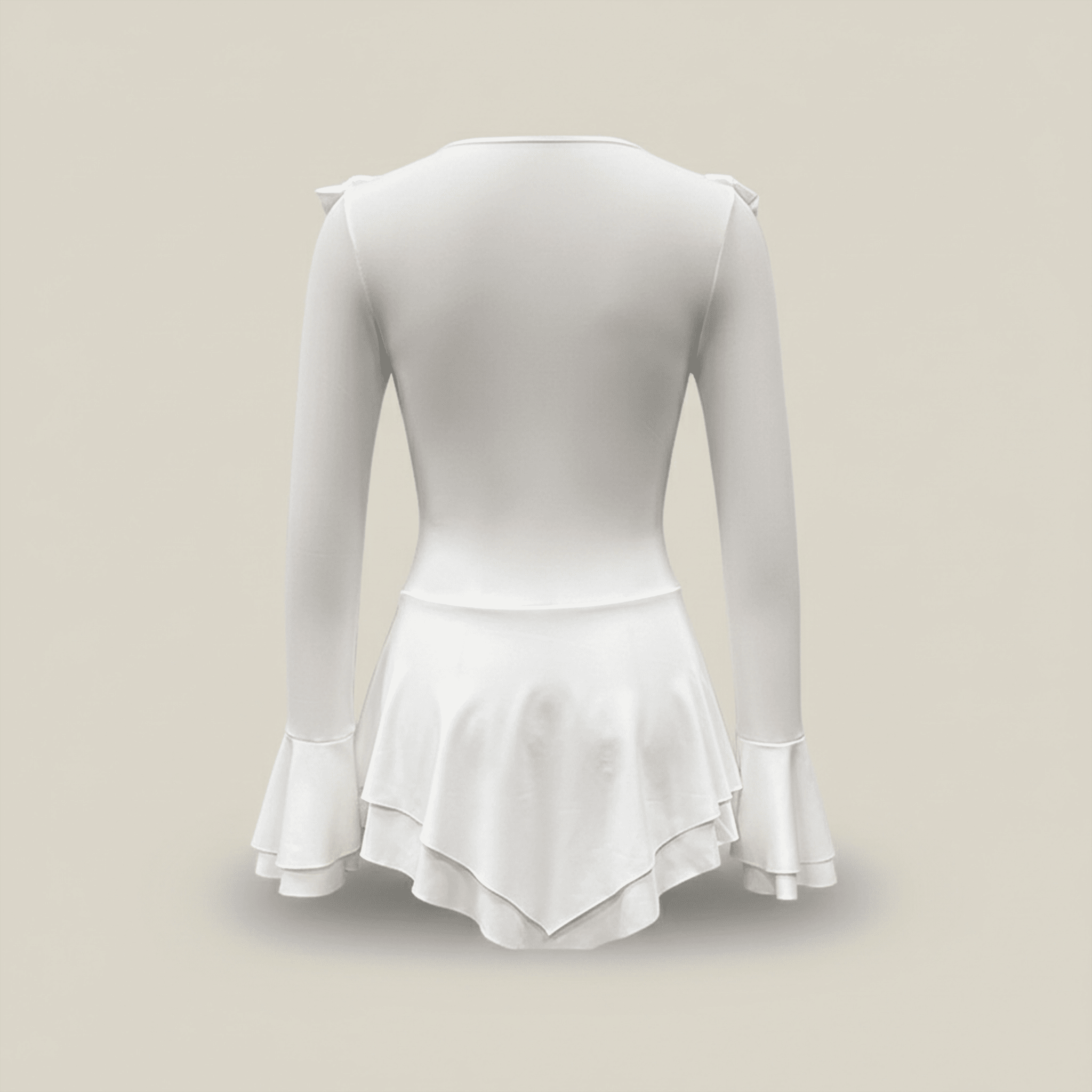 White long-sleeve leotard with a skirt on a beige background