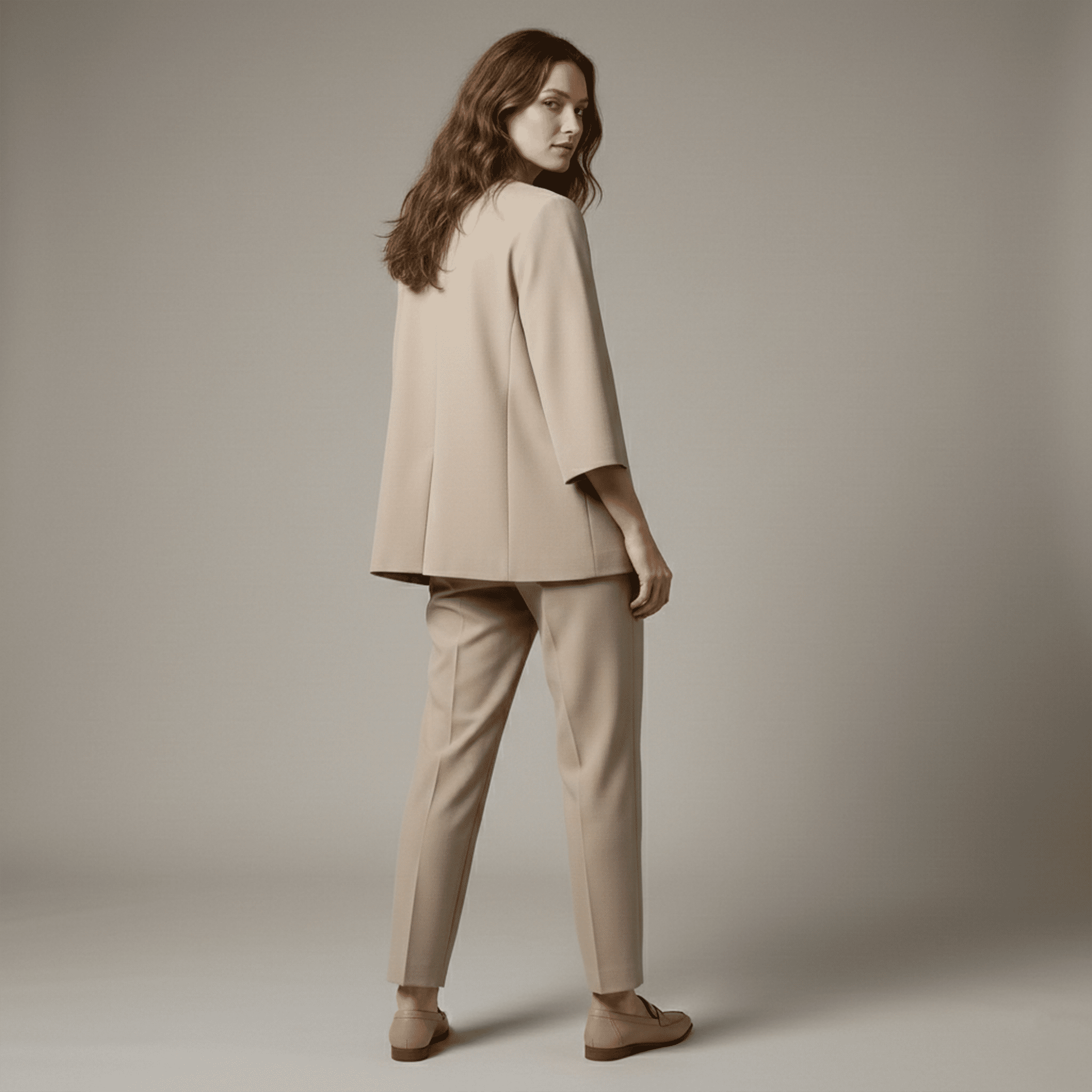 Woman wearing a beige suit standing against a plain background