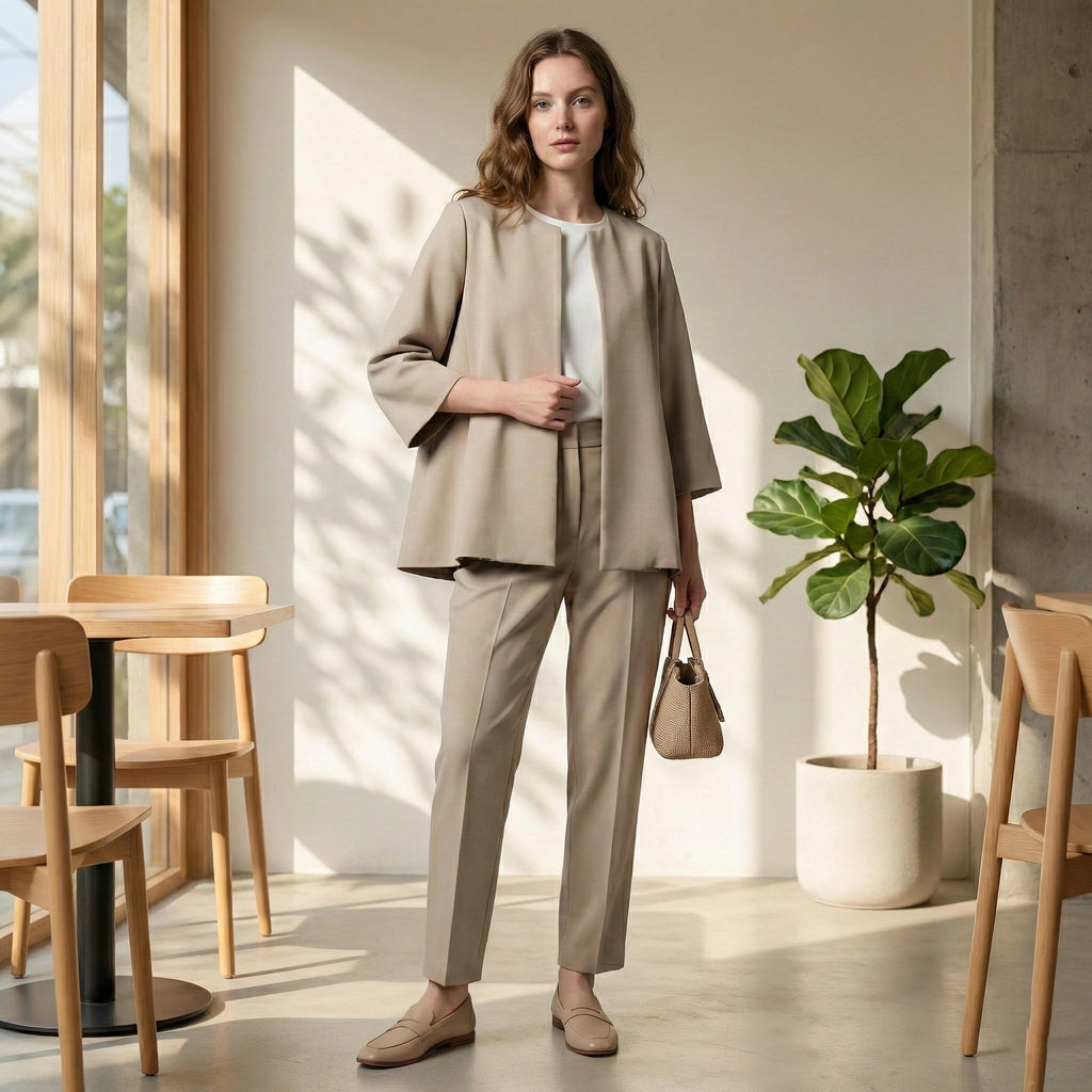 Woman in a beige suit standing in a modern indoor setting with wooden furniture and a plant.