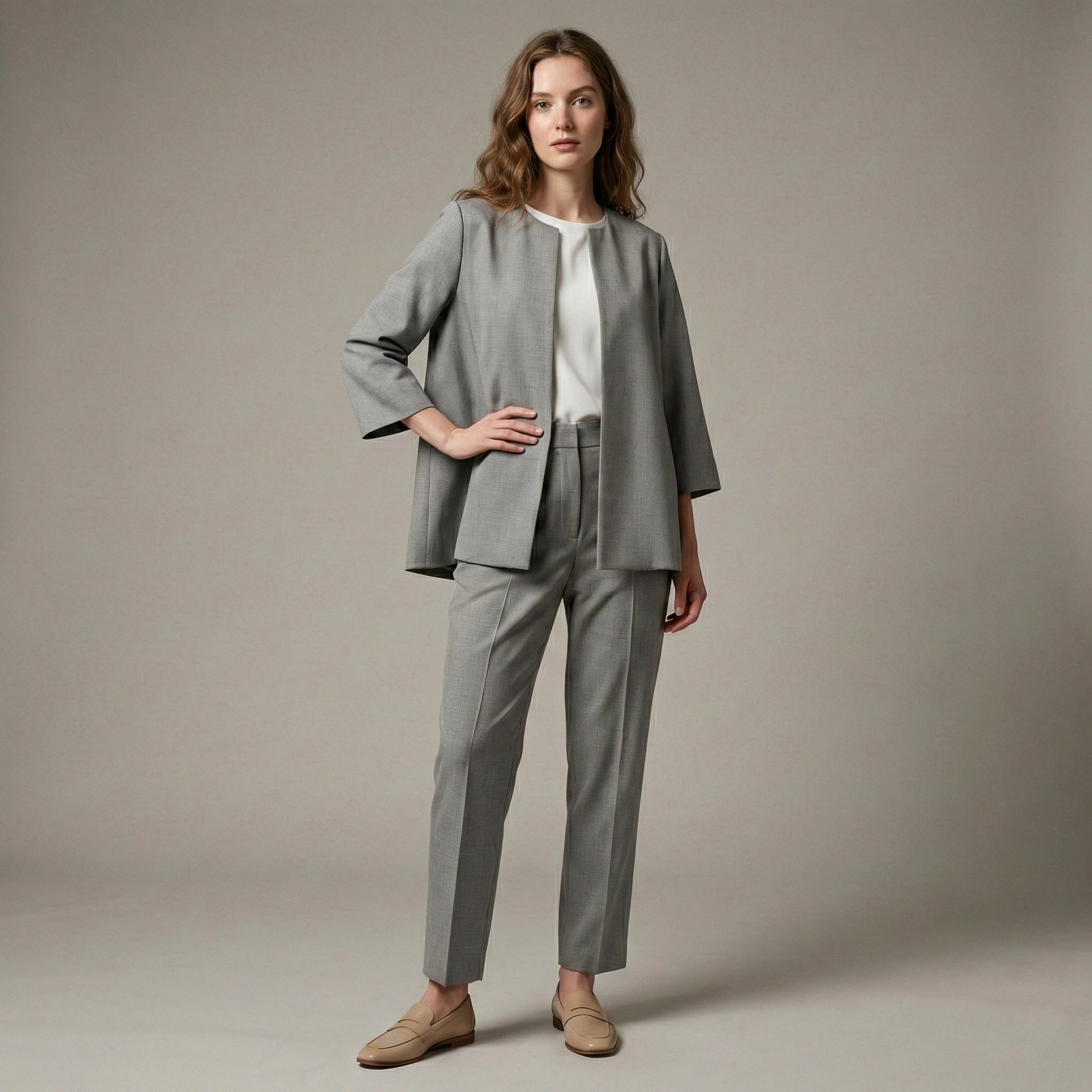 Woman wearing a gray suit with a white shirt on a beige background