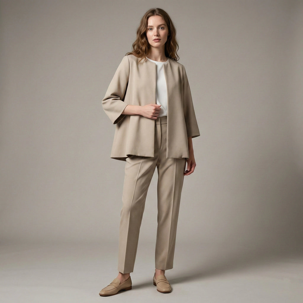 Woman wearing a beige suit with a plain background