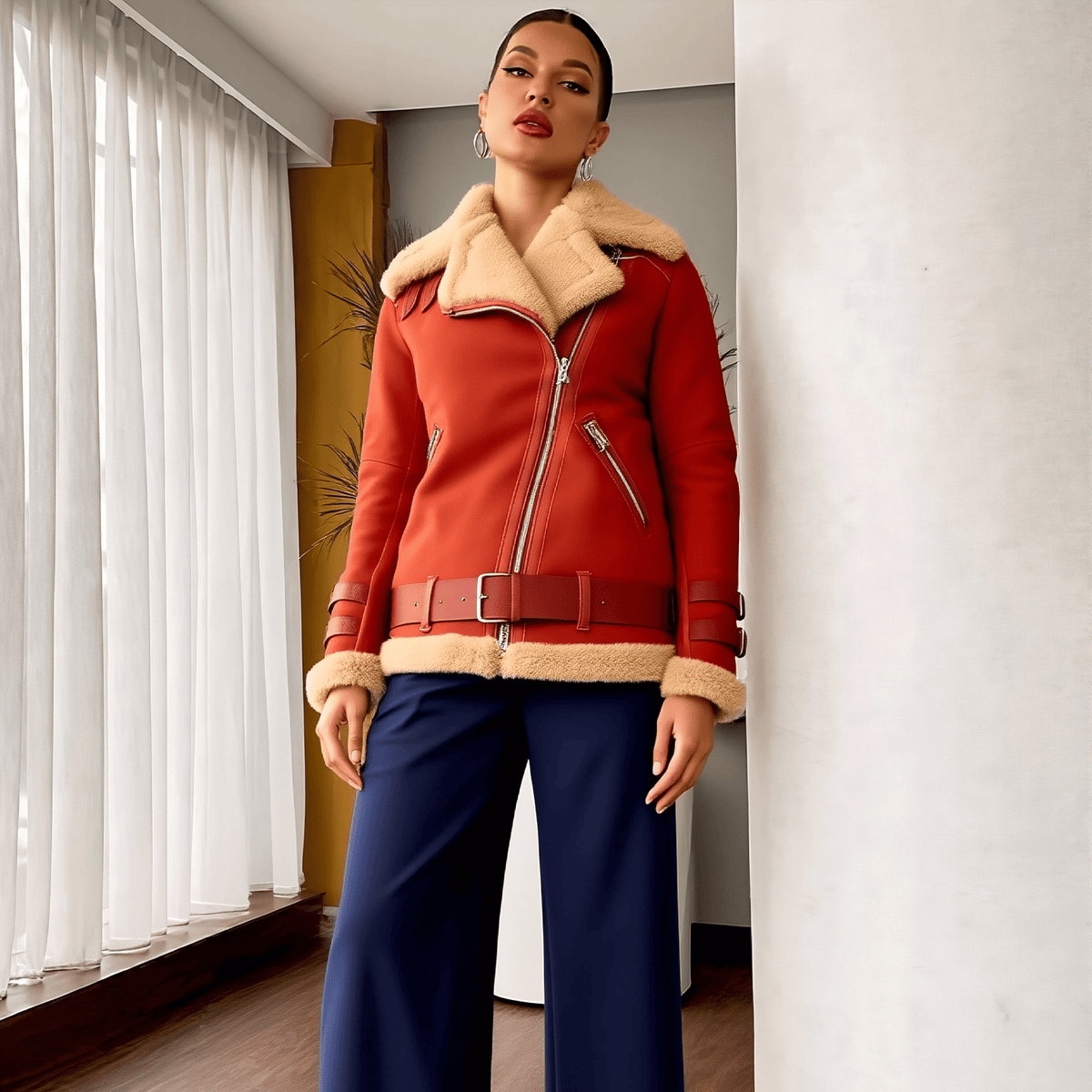 Woman wearing a red jacket with beige fur collar and navy pants indoors.