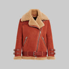 Red leather jacket with fur collar and trim on a white background