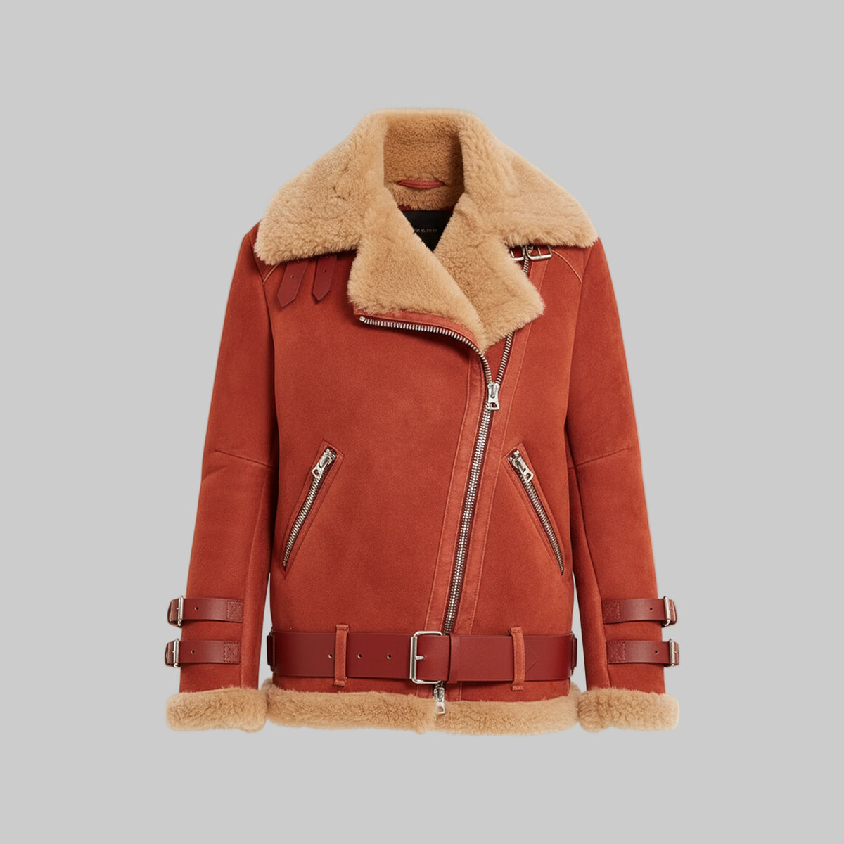 Red leather jacket with fur collar and trim on a white background