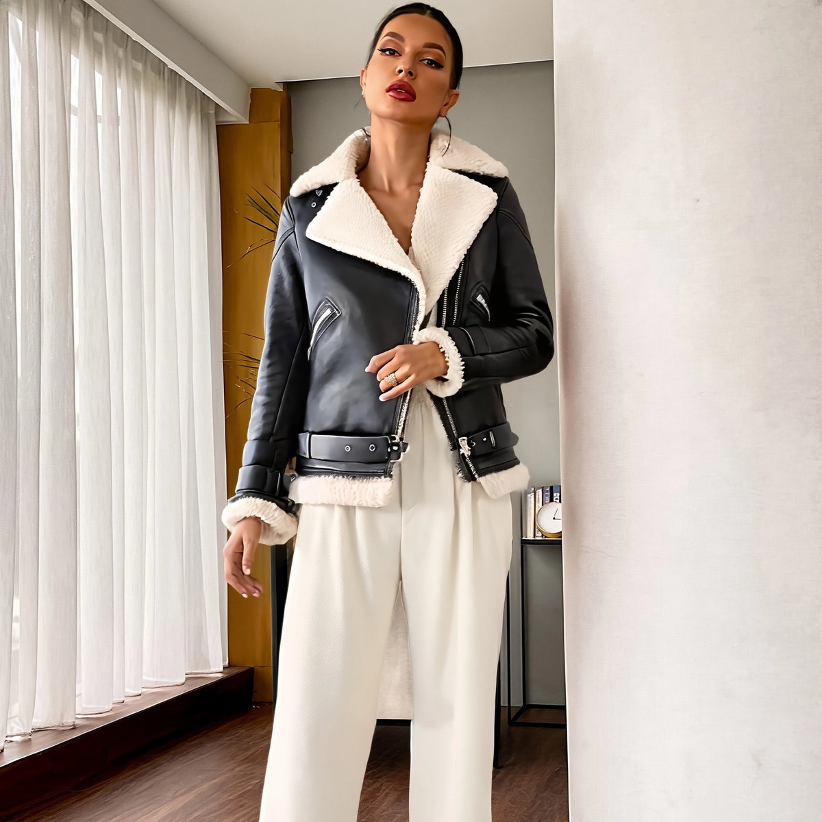 Woman wearing a black leather jacket with white fur trim in a room with white curtains.