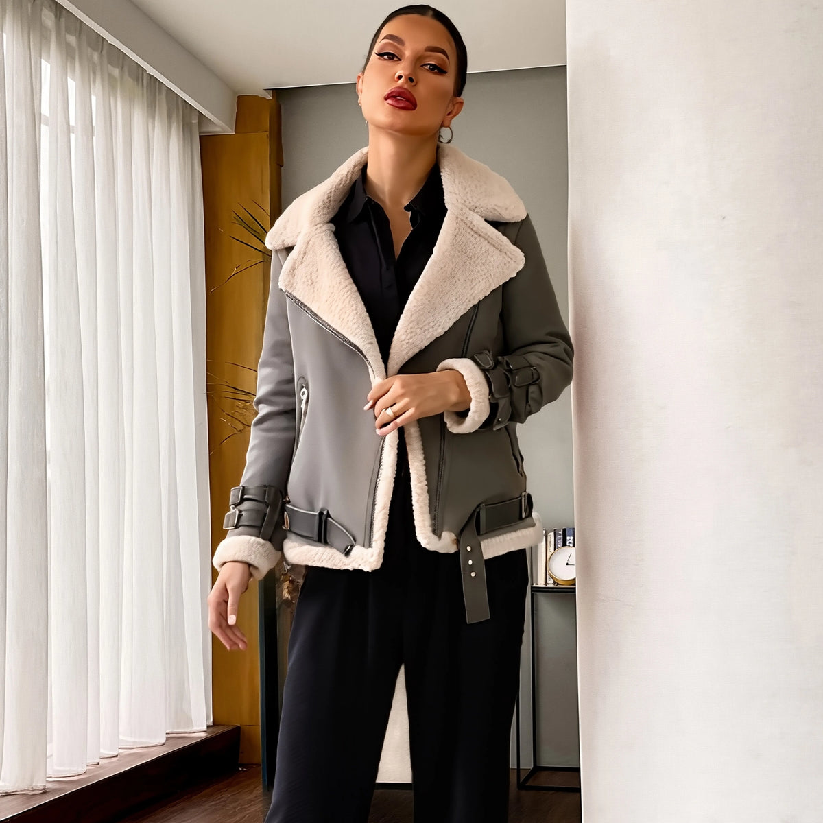 Woman wearing a gray coat with white fur trim in an indoor setting
