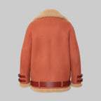 Brown leather jacket with beige fur lining on a white background
