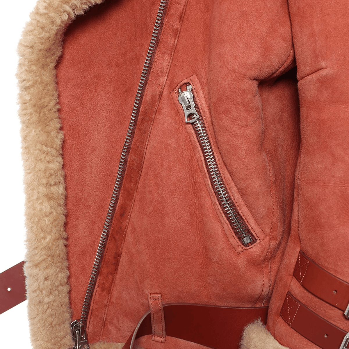 Close-up of a red suede jacket with fur lining and zipper detail on a white background