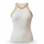 White ribbed tank top with gold lace details on a white background