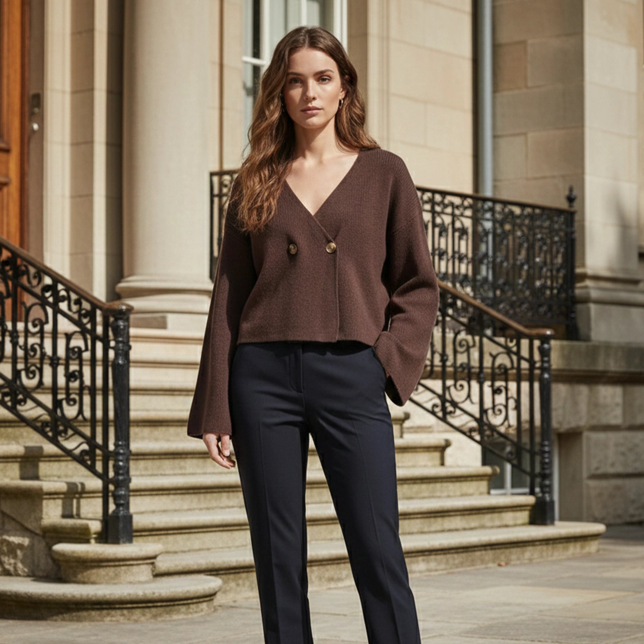 Woman in a brown sweater and black pants standing on steps in front of a building.