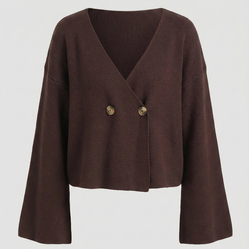 Brown sweater with gold buttons on a white background