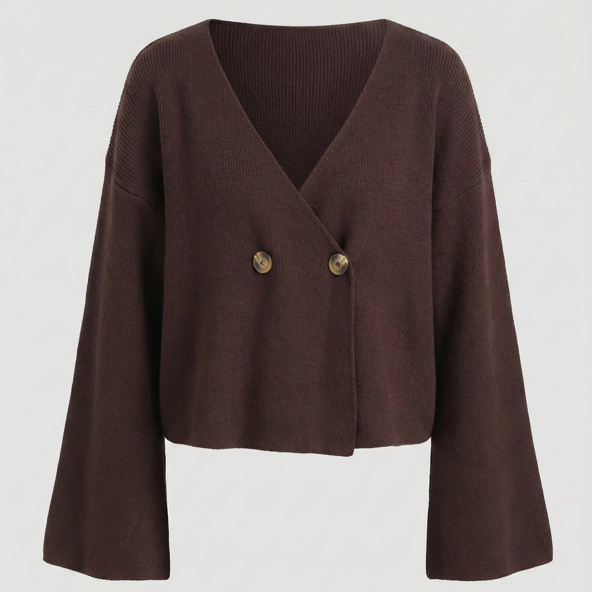 Brown sweater with gold buttons on a white background