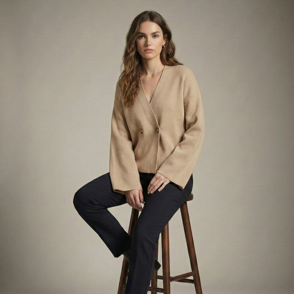 Woman wearing a beige cardigan and black pants sitting on a wooden stool against a plain background