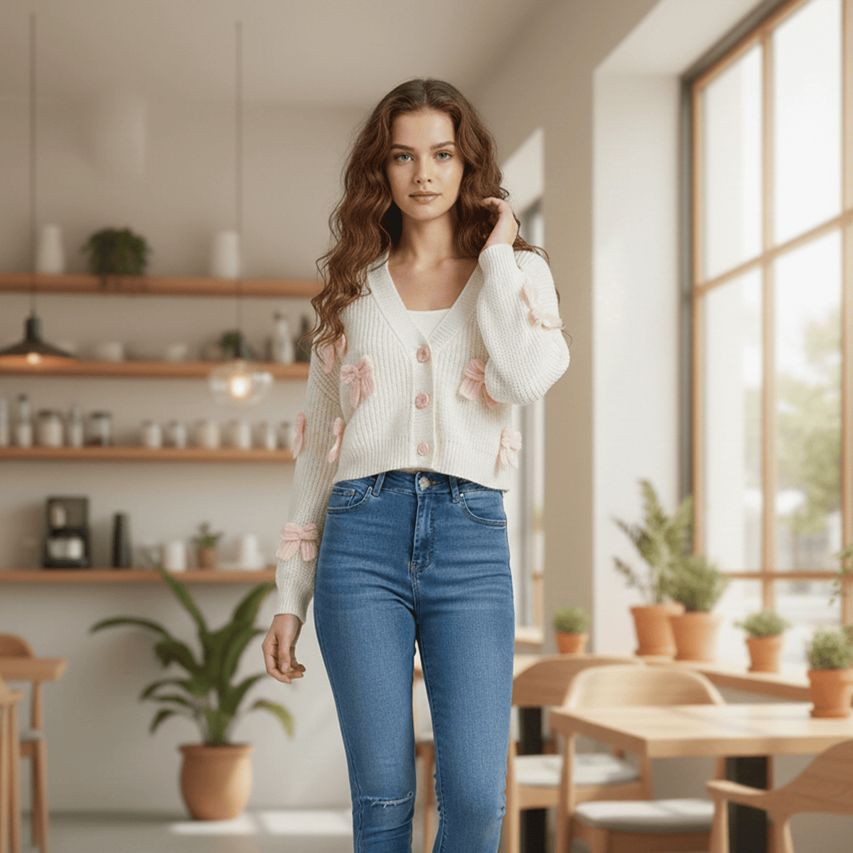 Woman in a cozy cafe wearing a white cardigan with pink accents and blue jeans.