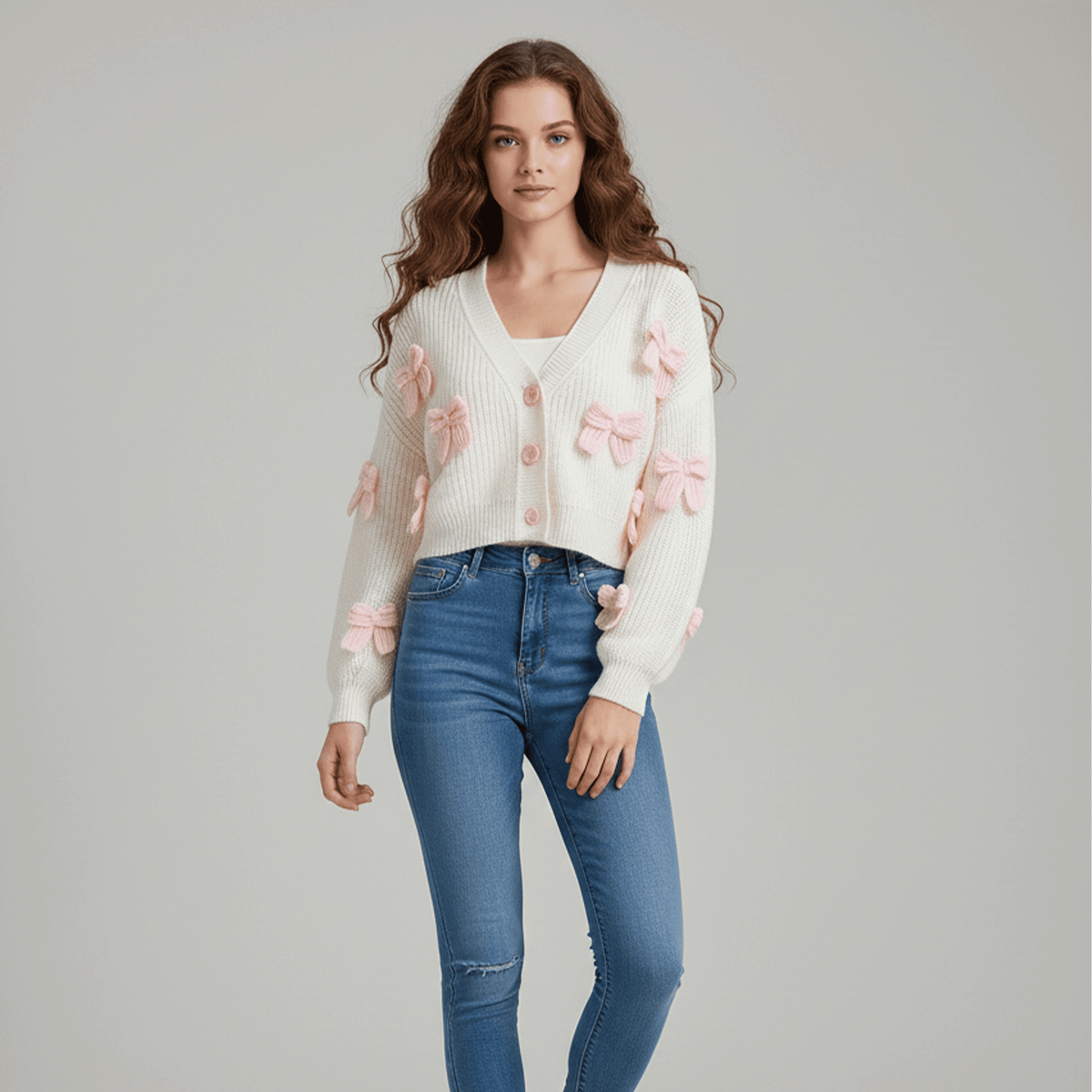 Woman wearing a white sweater with pink bow details and blue jeans on a gray background