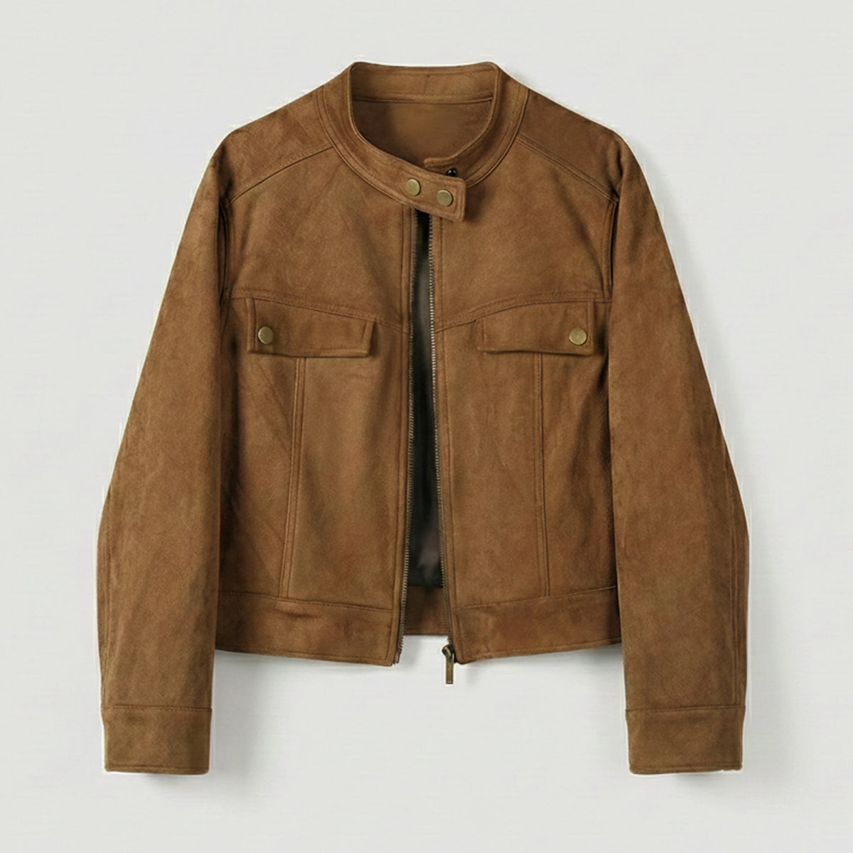 Brown suede jacket on a light gray background