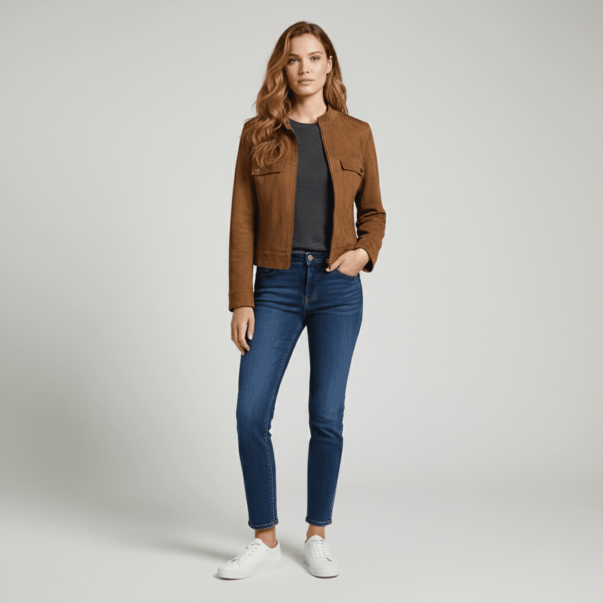 Woman wearing a brown jacket, gray shirt, blue jeans, and white sneakers on a light gray background
