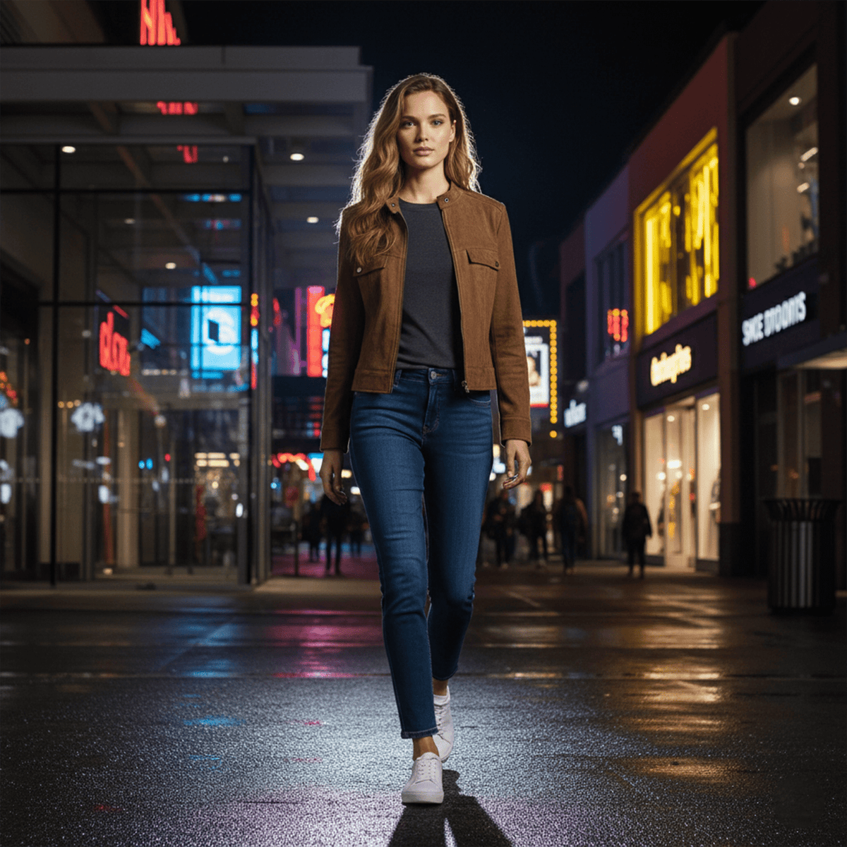 Woman walking on a city street at night with neon signs in the background