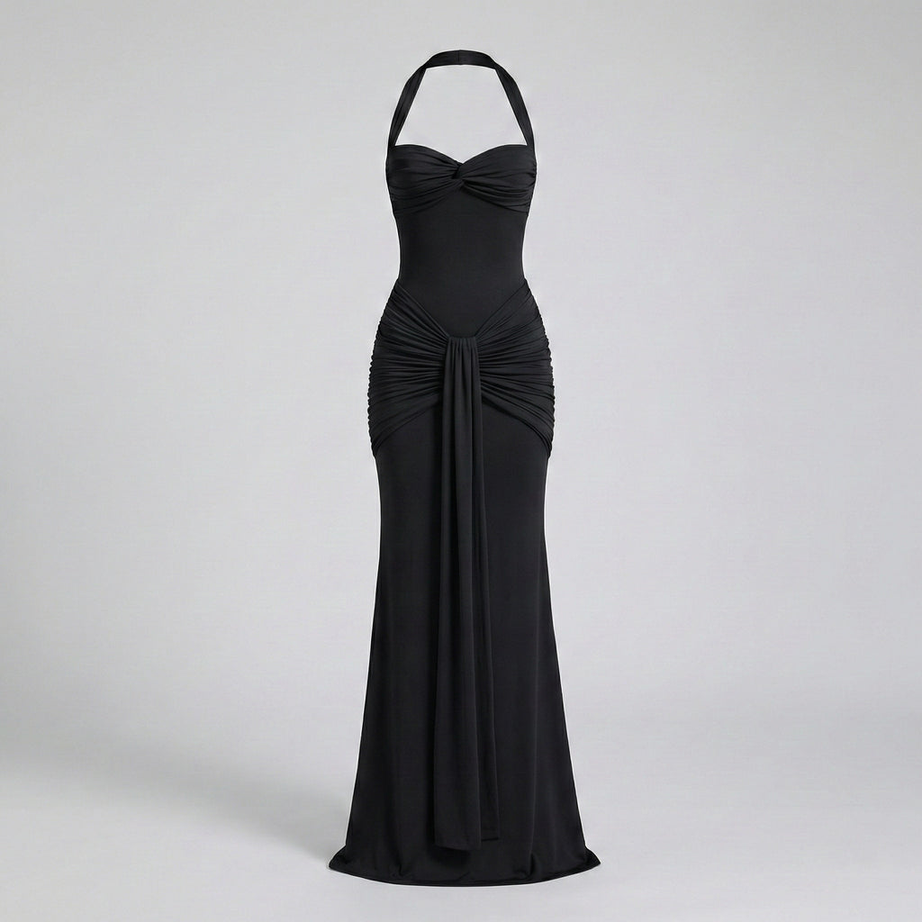 Black evening gown on a light gray background