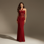 Woman wearing a red evening gown against a neutral background