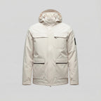 White winter jacket with a hood on a light gray background