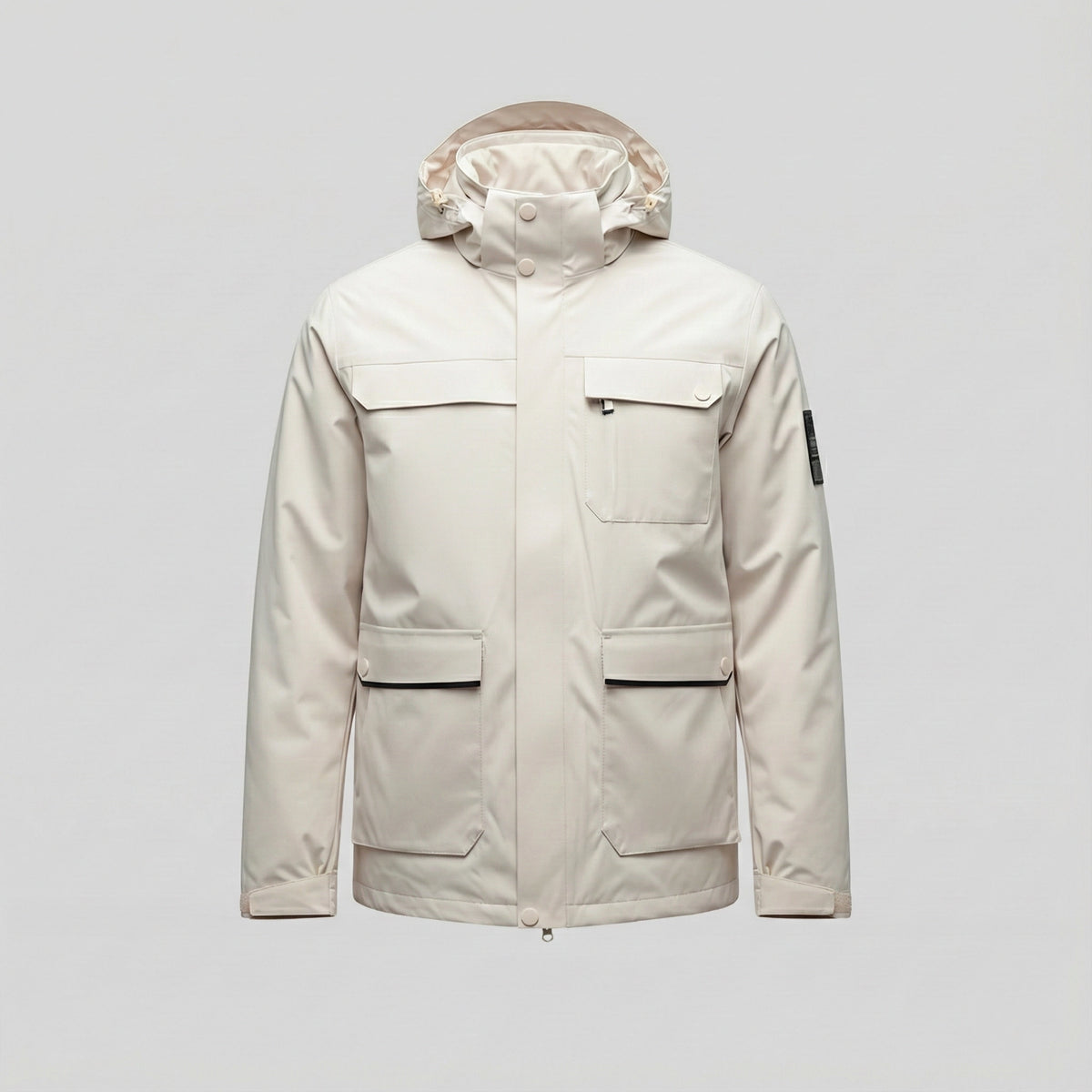 White winter jacket with a hood on a light gray background