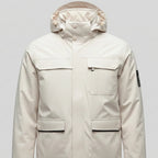 Beige winter coat with a hood on a light gray background