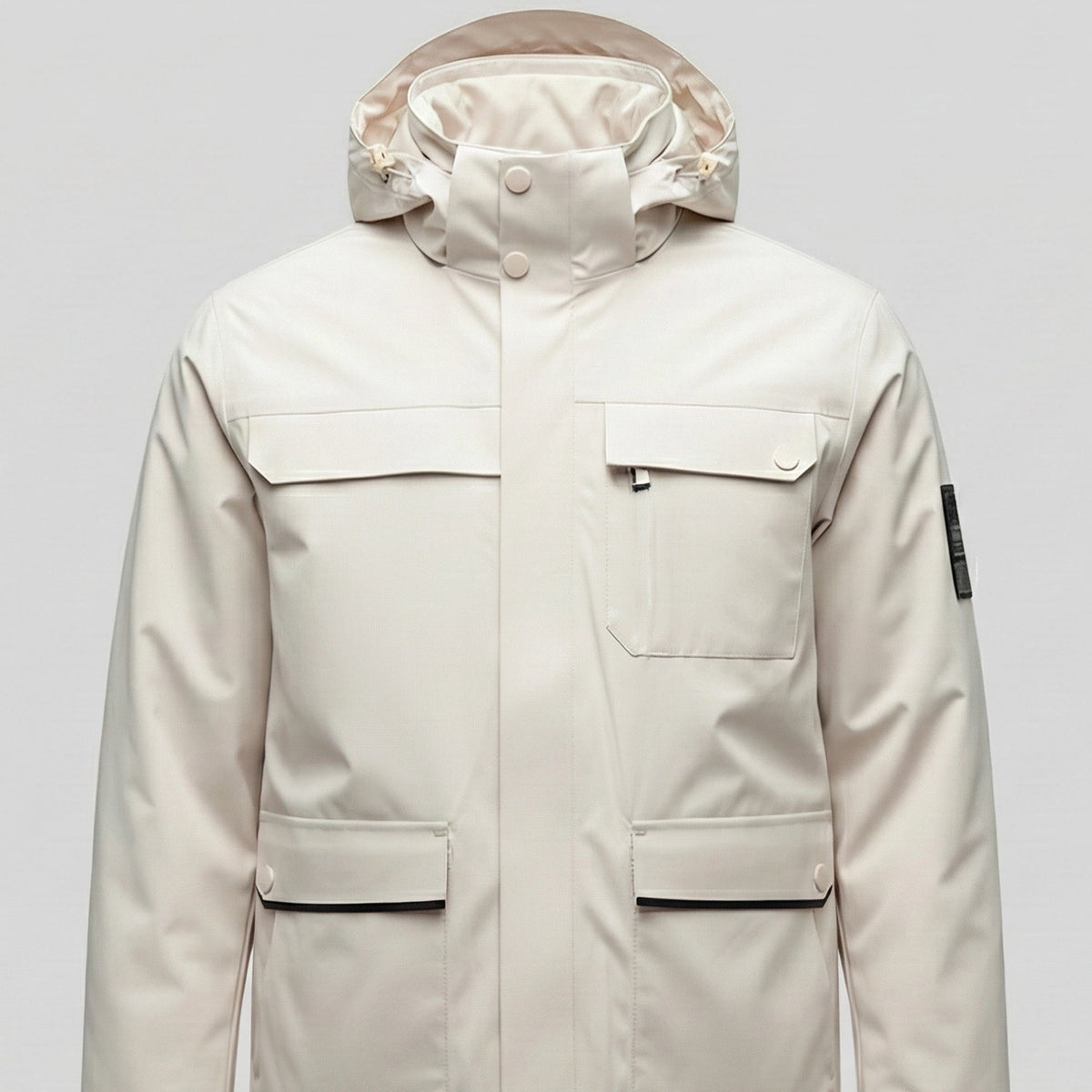 Beige winter coat with a hood on a light gray background