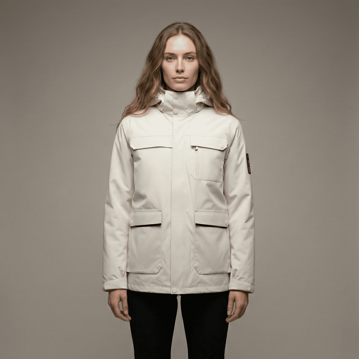 Woman wearing a beige jacket against a plain background