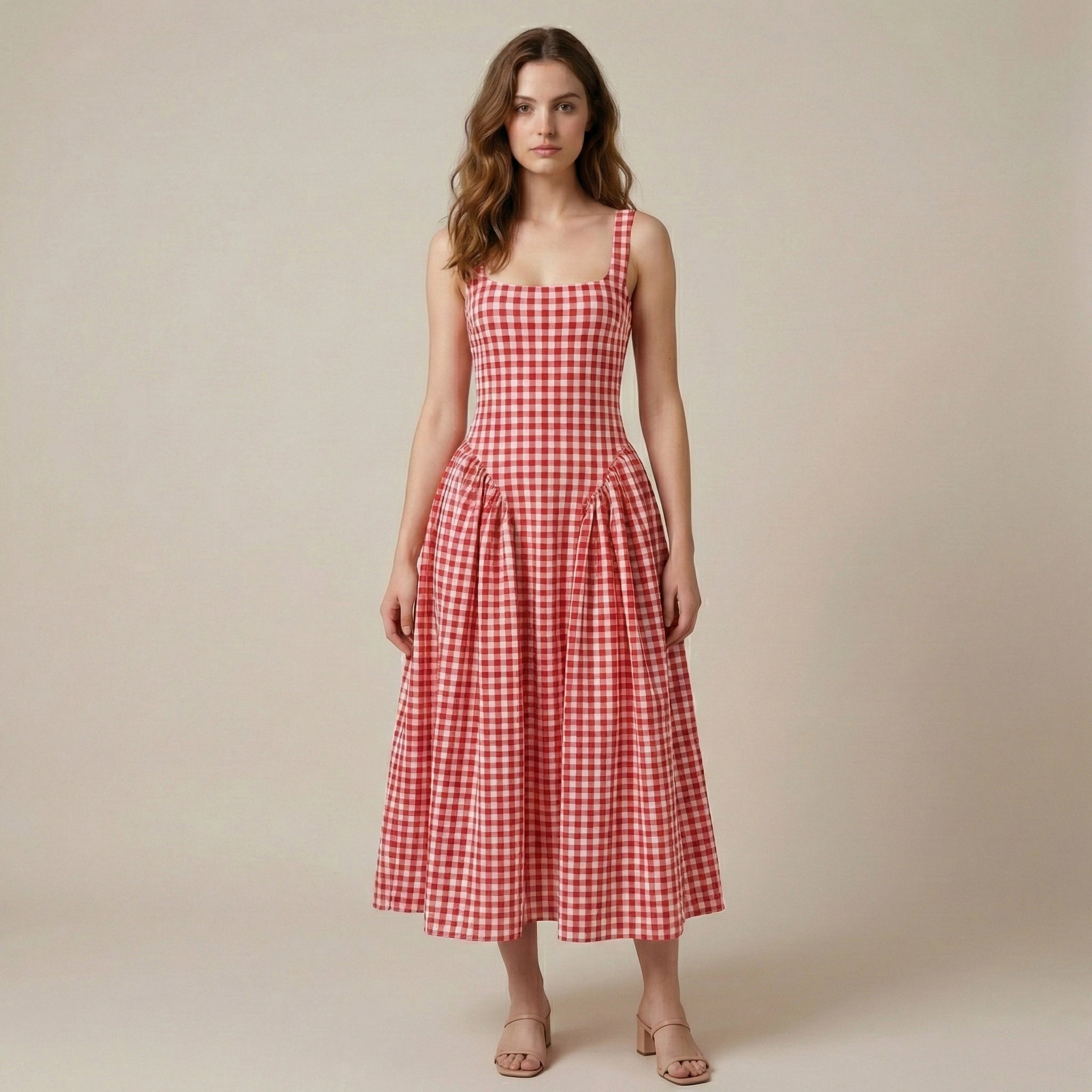 Woman wearing a red and white checkered dress against a beige background