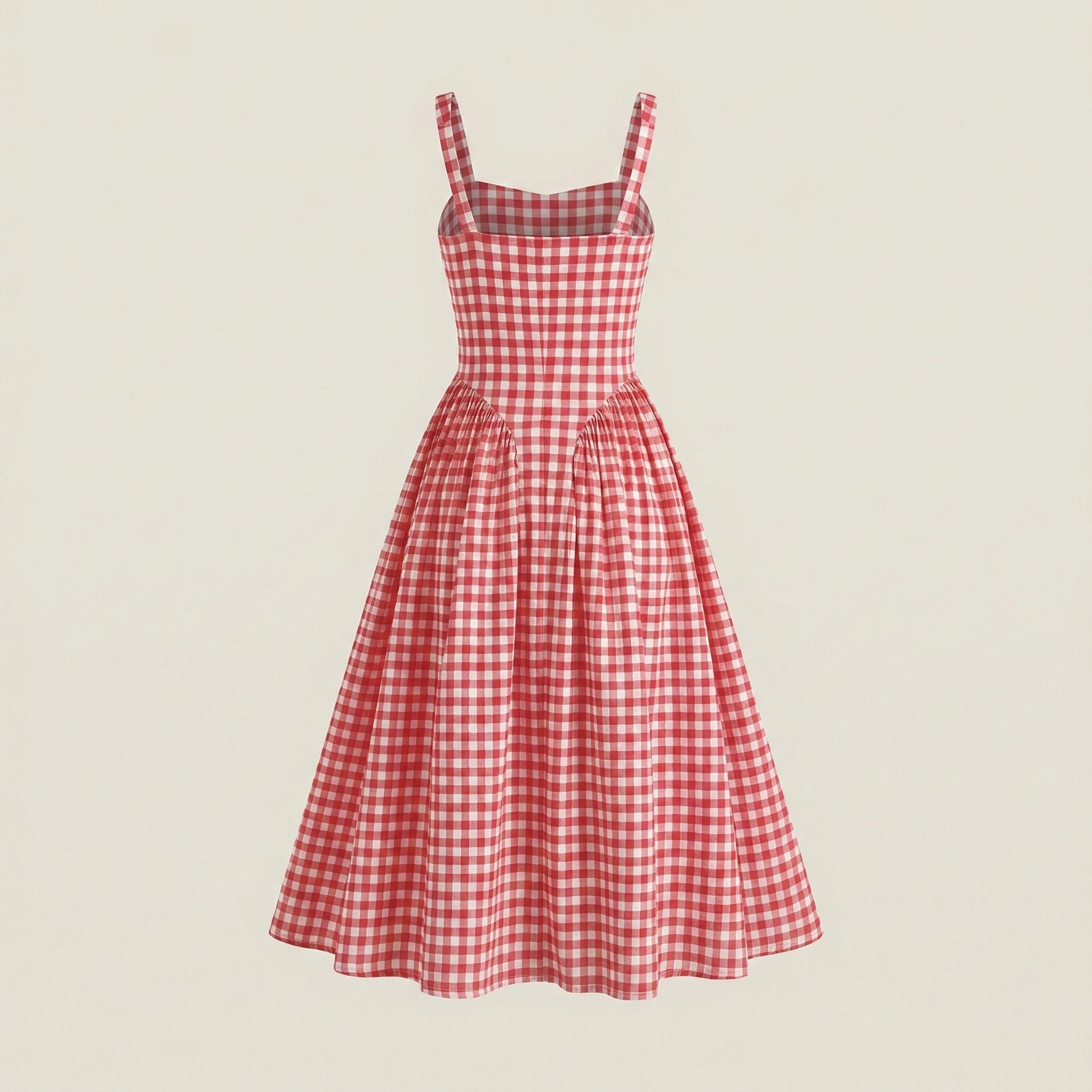 Red and white checkered dress on a beige background