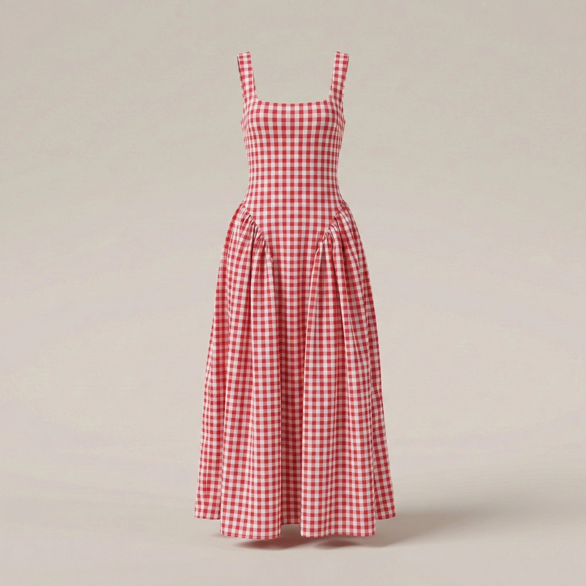 Red and white checkered dress on a beige background