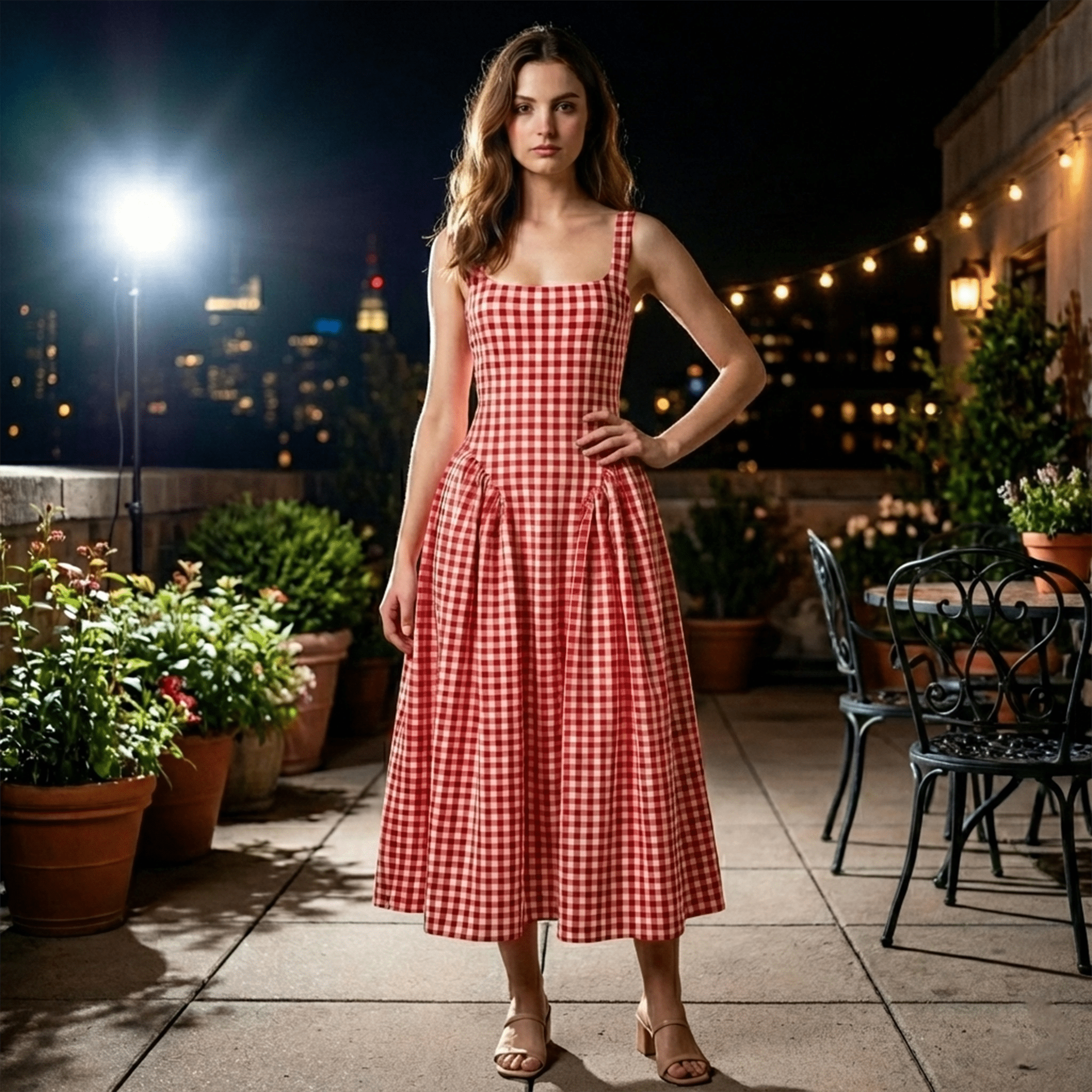 Woman in a red checkered dress standing on a rooftop patio with city lights in the background