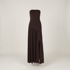 Brown strapless dress on a light beige background