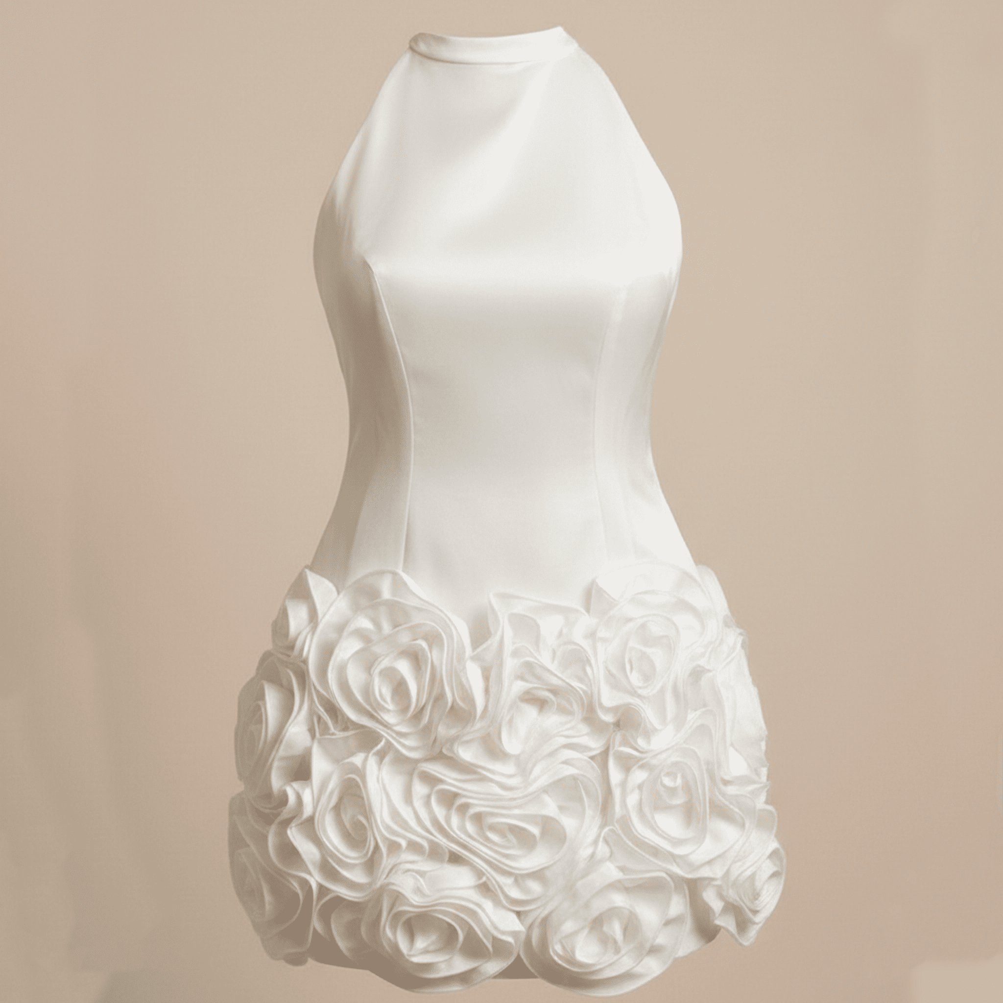 White dress with floral details on a beige background